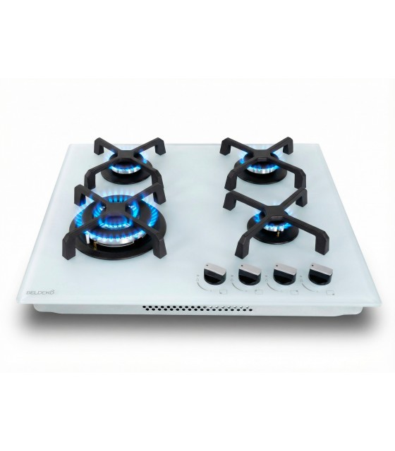Table De Cuisson Gaz Encastrable 4 Feux - Double Couronne - Verre Noir - 7800W