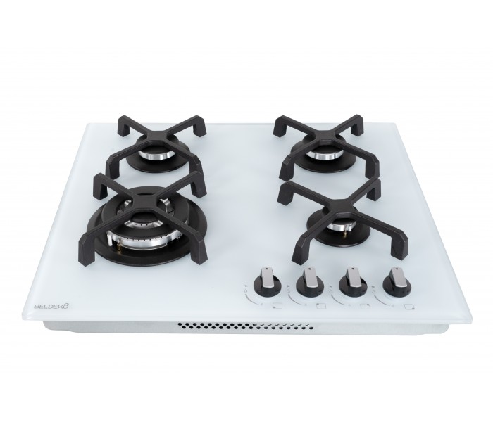 PLAQUE DE CUISSON GAZ, 4 FOYERS, 4 ZONES, ENCASTRABLE, verre blanc, blanche, bruleurs fonte