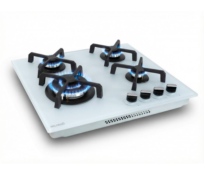 PLAQUE DE CUISSON GAZ, 4 FOYERS, 4 ZONES, ENCASTRABLE, verre blanc, blanche, bruleurs fonte