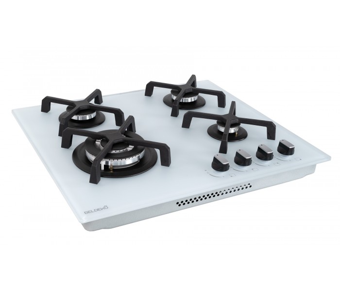 PLAQUE DE CUISSON GAZ, 4 FOYERS, 4 ZONES, ENCASTRABLE, verre blanc, blanche, bruleurs fonte