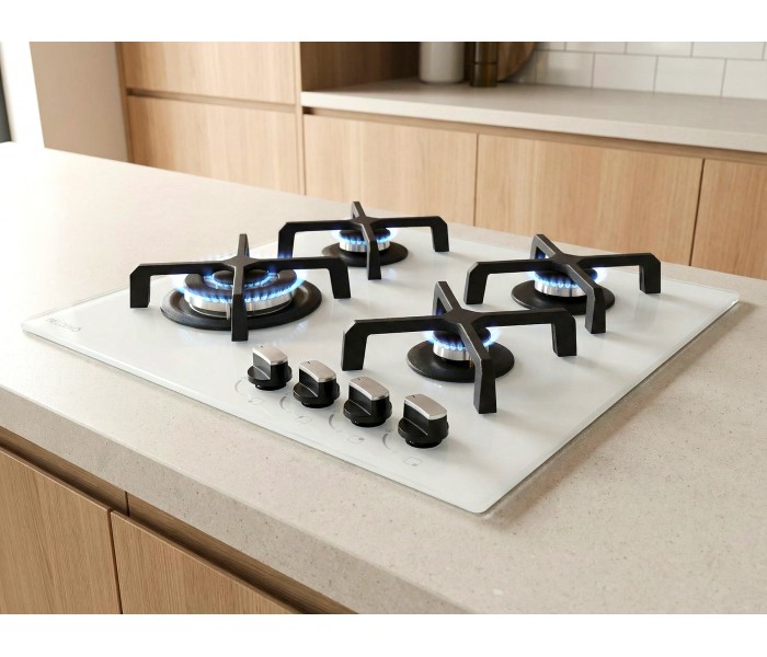Plaque de cuisson gaz 4 foyers – Verre blanc dépoli – Double couronne 8000 W – 56x48 cm