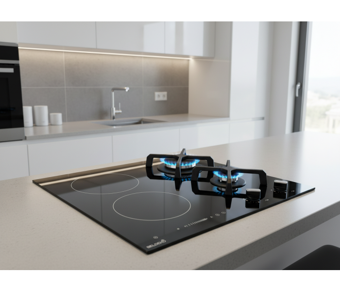Plaque de cuisson mixte gaz et induction 4 foyers – 2 gaz et 2 induction avec booster - 6900 Watts – Grilles fontes
