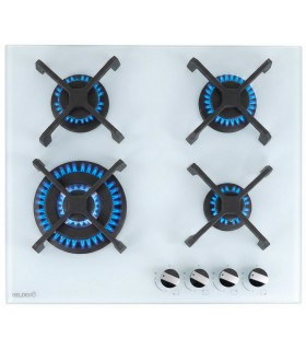 PLAQUE DE CUISSON GAZ, 4 FOYERS, 4 ZONES, ENCASTRABLE, verre blanc, blanche, bruleurs fonte