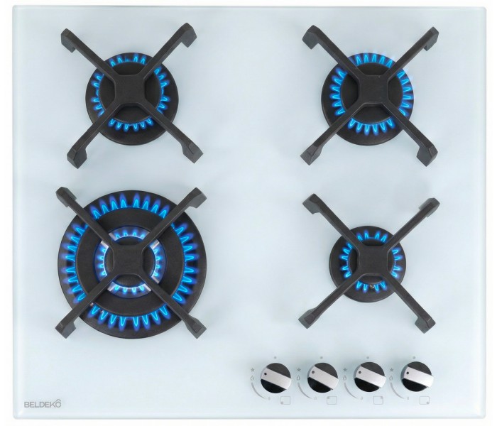 PLAQUE DE CUISSON GAZ, 4 FOYERS, 4 ZONES, ENCASTRABLE, verre blanc, blanche, bruleurs fonte