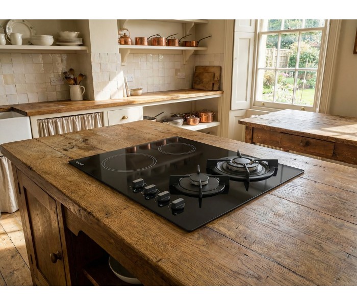 Plaque de cuisson mixte gaz et vitrocéramique 4 foyers – Double couronne - 8200 W – Manettes