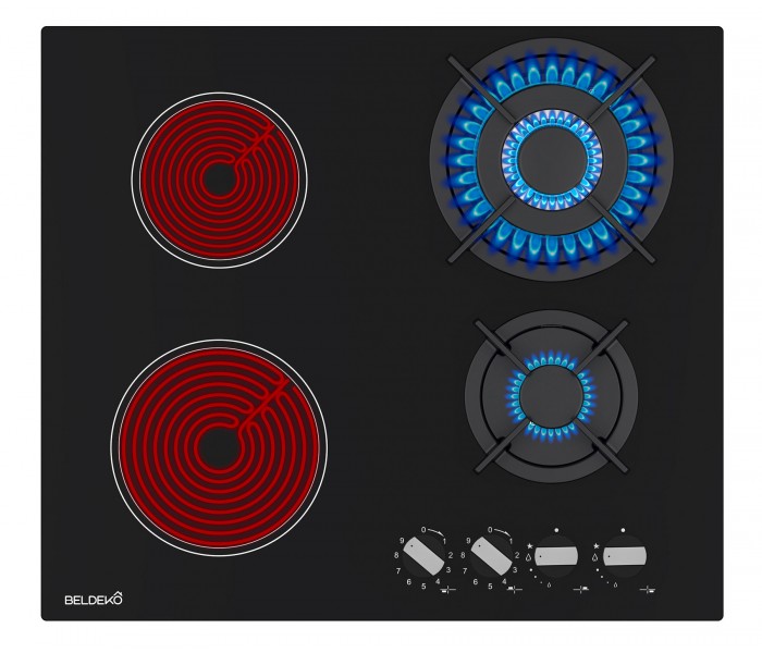 Plaque de cuisson mixte gaz et vitrocéramique 4 foyers – Double couronne - 8200 W – Manettes