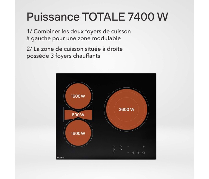 plaque de cuisson, 3 feux, 3 foyers, encastrable, vitro, vitrocéramique, flex, multi zone