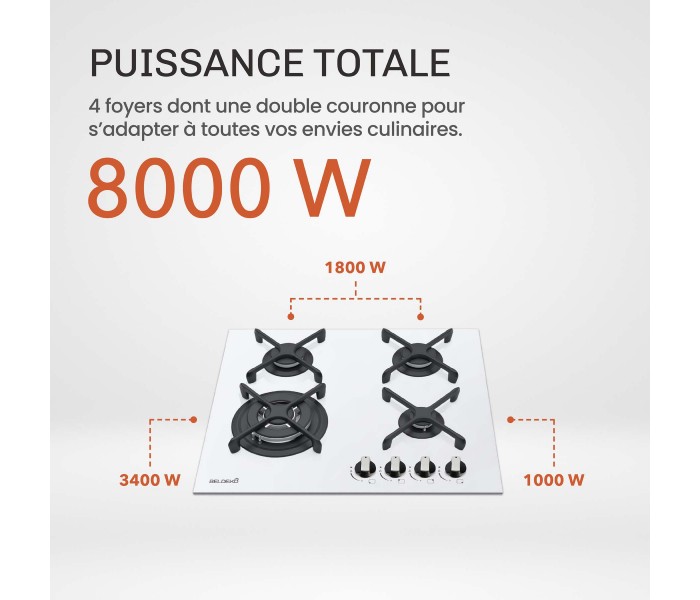 PLAQUE DE CUISSON GAZ, 4 FOYERS, 4 ZONES, ENCASTRABLE, verre blanc, blanche, bruleurs fonte