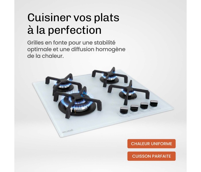 PLAQUE DE CUISSON GAZ, 4 FOYERS, 4 ZONES, ENCASTRABLE, verre blanc, blanche, bruleurs fonte