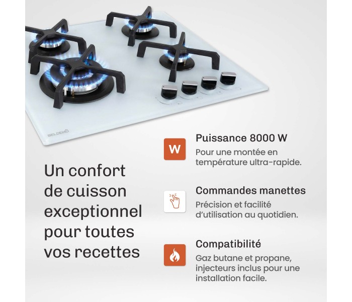 PLAQUE DE CUISSON GAZ, 4 FOYERS, 4 ZONES, ENCASTRABLE, verre blanc, blanche, bruleurs fonte
