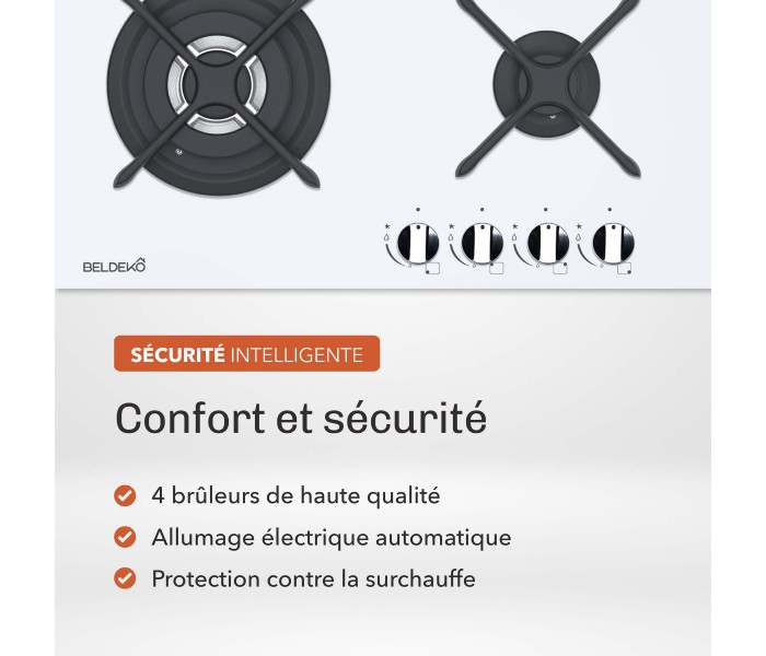 PLAQUE DE CUISSON GAZ, 4 FOYERS, 4 ZONES, ENCASTRABLE, verre blanc, blanche, bruleurs fonte