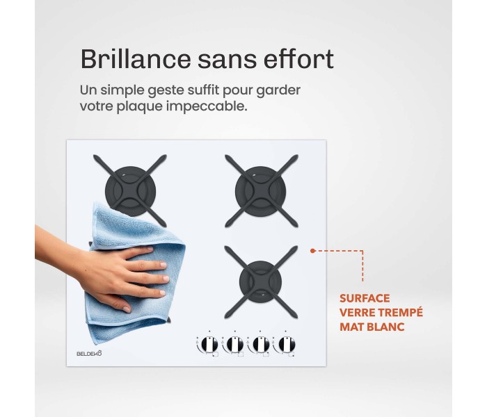 PLAQUE DE CUISSON GAZ, 4 FOYERS, 4 ZONES, ENCASTRABLE, verre blanc, blanche, bruleurs fonte