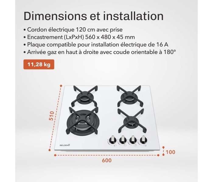 PLAQUE DE CUISSON GAZ, 4 FOYERS, 4 ZONES, ENCASTRABLE, verre blanc, blanche, bruleurs fonte