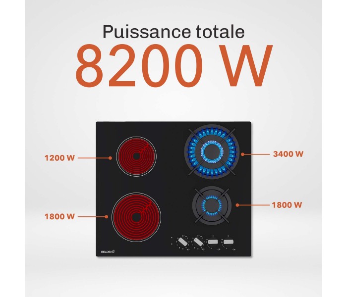 Plaque mixte, vitrocéramique et gaz, vitro gaz, 2 foyers de chaque, plaque bridge, vitro gaz