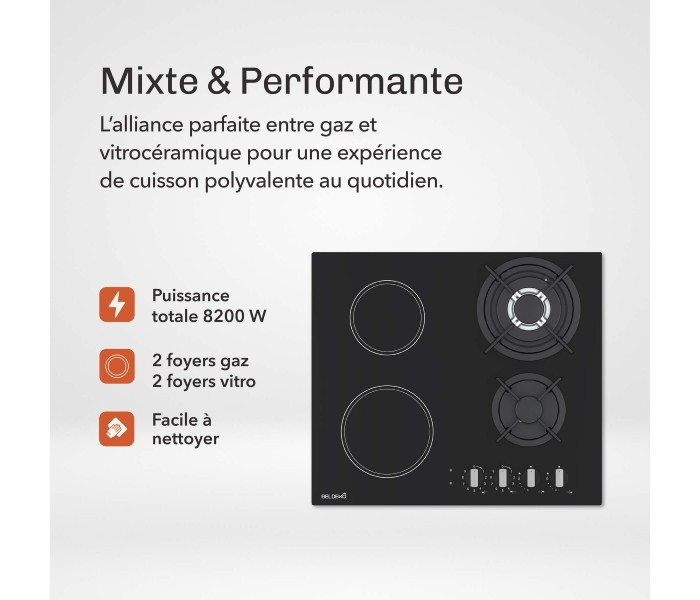 Plaque mixte, vitrocéramique et gaz, vitro gaz, 2 foyers de chaque, plaque bridge, vitro gaz