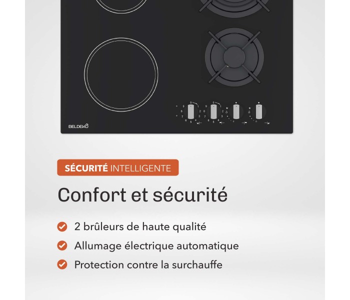 Plaque mixte, vitrocéramique et gaz, vitro gaz, 2 foyers de chaque, plaque bridge, vitro gaz