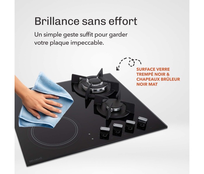 Plaque mixte, vitrocéramique et gaz, vitro gaz, 2 foyers de chaque, plaque bridge, vitro gaz