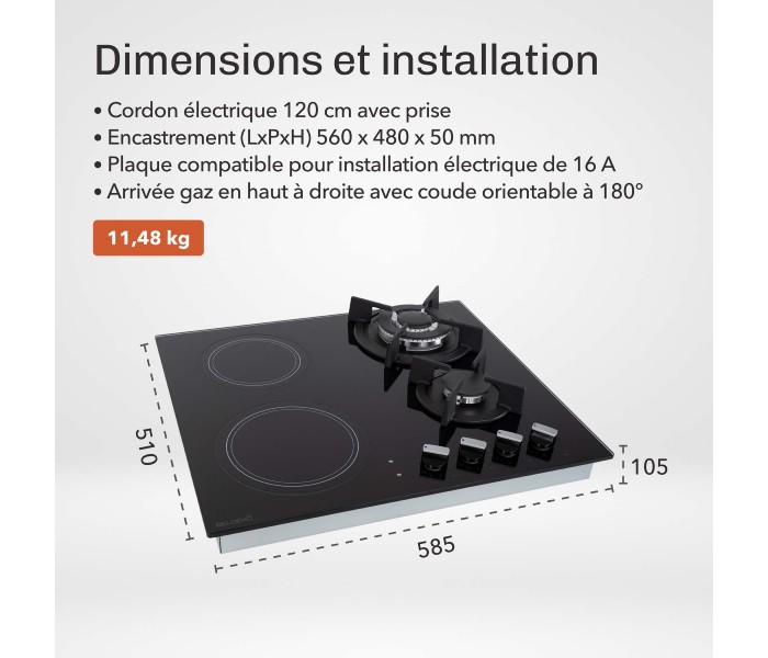 Plaque mixte, vitrocéramique et gaz, vitro gaz, 2 foyers de chaque, plaque bridge, vitro gaz