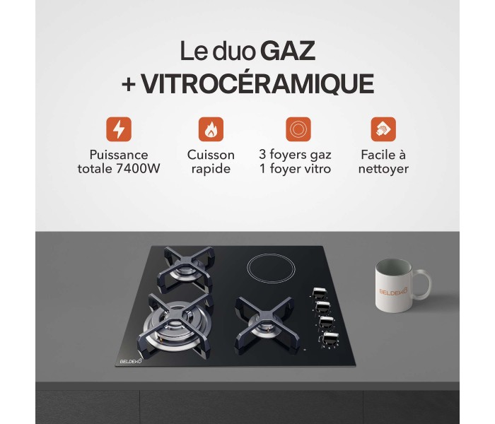 Plaque de cuisson mixte 3 gaz et 1 vitrocéramique – Double couronne 7400 W – Manettes