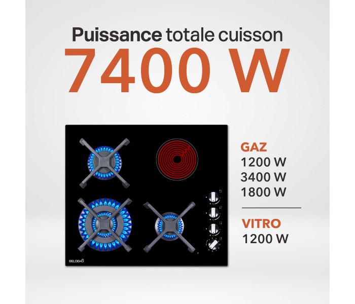 Plaque de cuisson mixte 3 gaz et 1 vitrocéramique – Double couronne 7400 W – Manettes