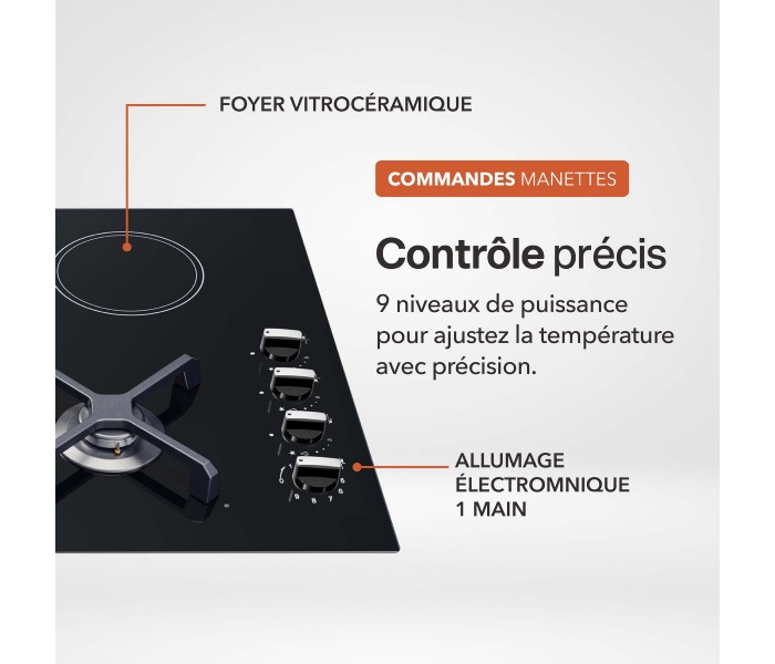 Plaque de cuisson mixte 3 gaz et 1 vitrocéramique – Double couronne 7400 W – Manettes