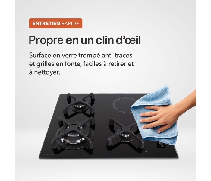 Plaque de cuisson mixte 3 gaz et 1 vitrocéramique – Double couronne 7400 W – Manettes