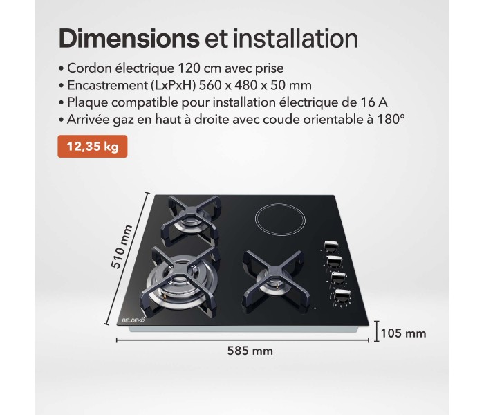 Plaque de cuisson mixte 3 gaz et 1 vitrocéramique – Double couronne 7400 W – Manettes