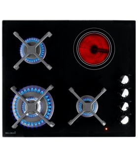 Plaque de cuisson mixte, plaque de cuisson hybride, gaz et vitro, gaz et vitrocéramique, 3 foyers gaz 1 foyer vitro