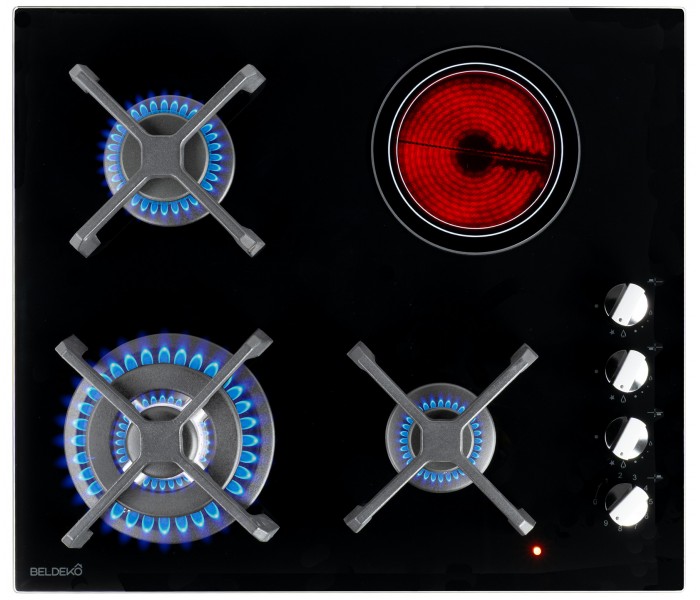 Plaque de cuisson mixte, plaque de cuisson hybride, gaz et vitro, gaz et vitrocéramique, 3 foyers gaz 1 foyer vitro