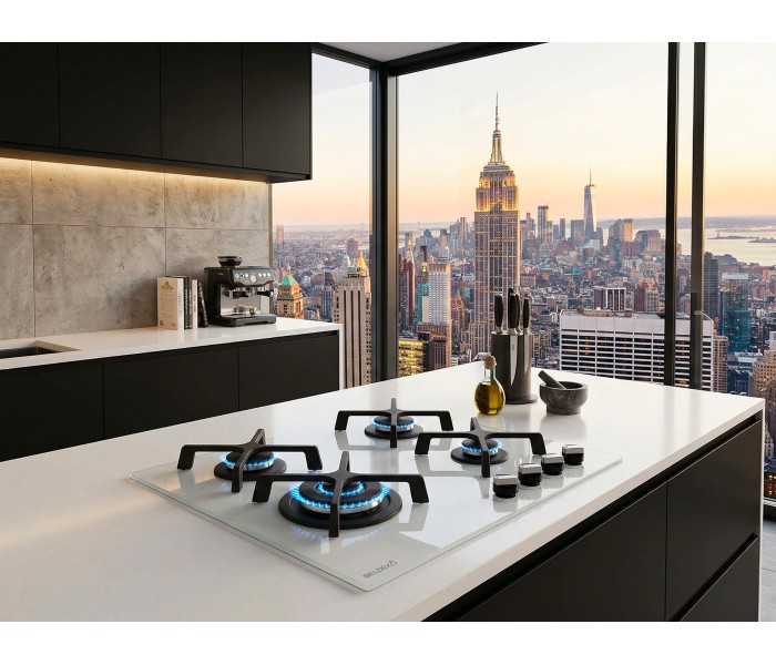 Plaque de cuisson gaz 4 foyers – Verre blanc dépoli – Double couronne 8000 W – 56x48 cm