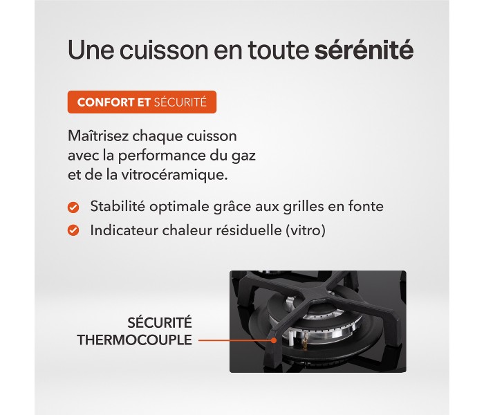 Plaque de cuisson mixte 3 gaz et 1 vitrocéramique – Double couronne 7400 W – Manettes