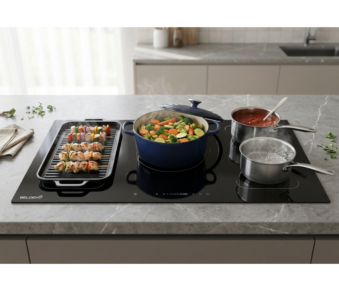 Plaque induction 5 foyers, zones flex, grande plaque de cuisson