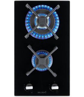 Domino gaz, verre noir, plaque gaz, 2 feux, 2 foyers, 2 zones, double couronne, fonte, puissante, encastrable