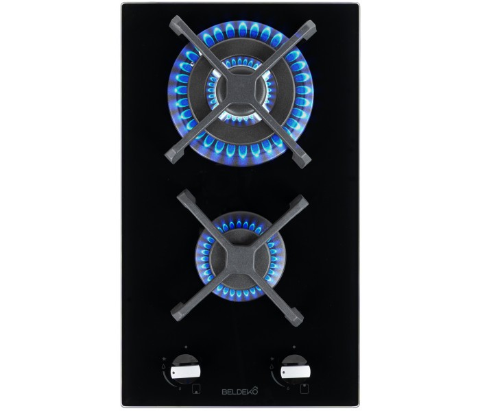 Domino gaz, verre noir, plaque gaz, 2 feux, 2 foyers, 2 zones, double couronne, fonte, puissante, encastrable