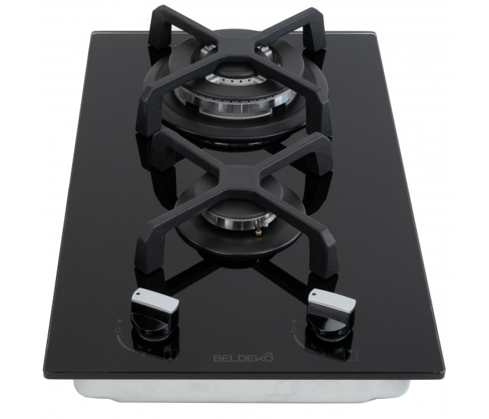 Domino gaz, verre noir, plaque gaz, 2 feux, 2 foyers, 2 zones, double couronne, fonte, puissante, encastrable