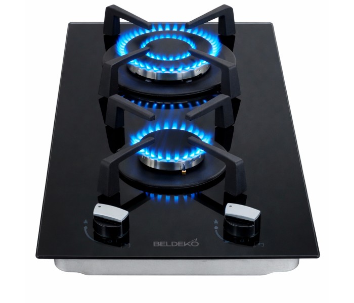 PLAQUE DE CUISSON GAZ 2 FOYERS DOUBLE COURONNE - VERRE NOIR ET FONTE - 5200 WATTS - BELDEKO
