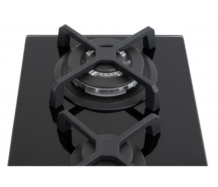 Domino gaz, verre noir, plaque gaz, 2 feux, 2 foyers, 2 zones, double couronne, fonte, puissante, encastrable