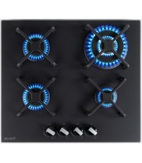 Plaque gaz, 4 feux, 4 foyers, 4 zones, noir, noir mat, encastrable, verre noir