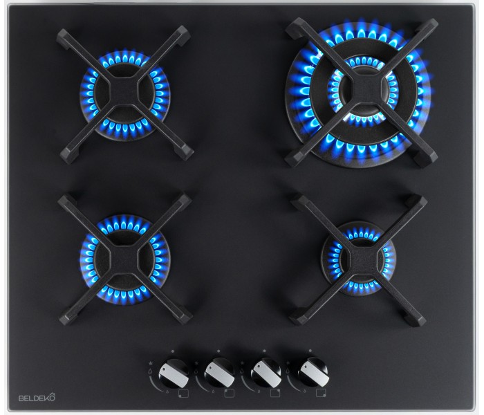 Plaque gaz, 4 feux, 4 foyers, 4 zones, noir, noir mat, encastrable, verre noir