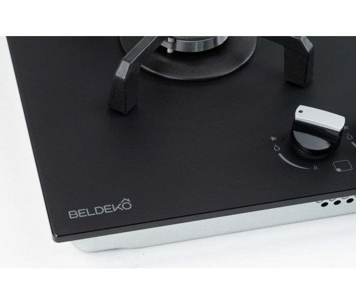 PLAQUE DE CUISSON GAZ 4 FOYERS DOUBLE COURONNE - VERRE NOIR MAT ET FONTE - 8000 WATTS - BELDEKO