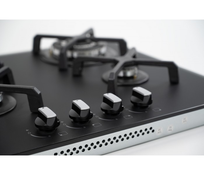 PLAQUE DE CUISSON GAZ 4 FOYERS DOUBLE COURONNE - VERRE NOIR MAT ET FONTE - 8000 WATTS - BELDEKO