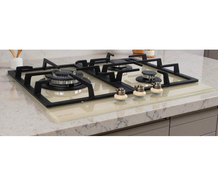 PLAQUE DE CUISSON GAZ 3 FOYERS DOUBLE COURONNE - VERRE BEIGE ET FONTE - 6200 WATTS - BELDEKO