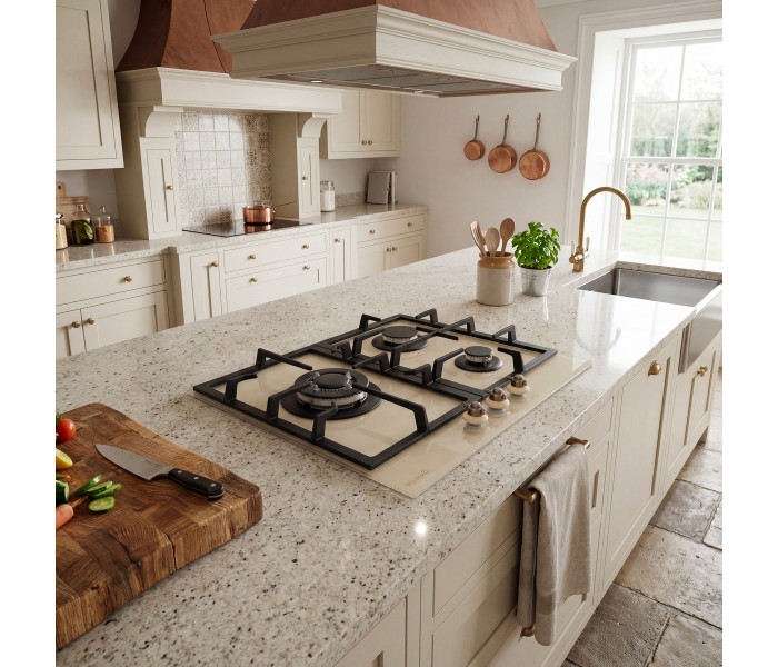 PLAQUE DE CUISSON GAZ 3 FOYERS DOUBLE COURONNE - VERRE BEIGE ET FONTE - 6200 WATTS - BELDEKO