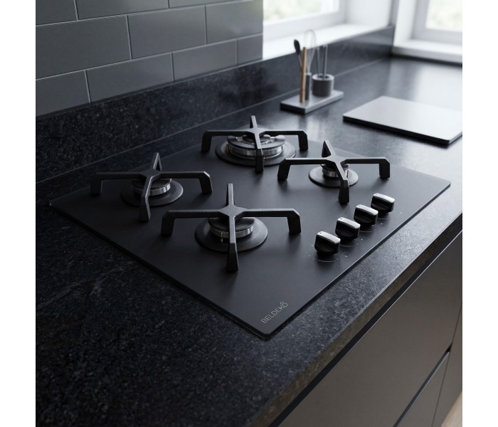 PLAQUE DE CUISSON GAZ 4 FOYERS DOUBLE COURONNE - VERRE NOIR MAT ET FONTE - 8000 WATTS - BELDEKO
