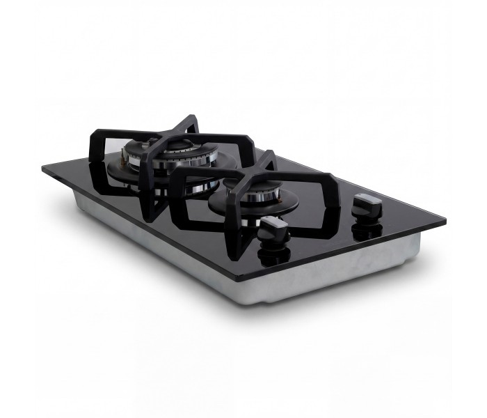 Domino gaz, verre noir, plaque gaz, 2 feux, 2 foyers, 2 zones, double couronne, fonte, puissante, encastrable