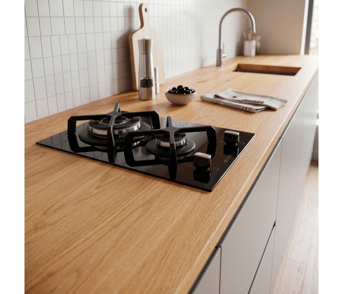 Domino gaz, verre noir, plaque gaz, 2 feux, 2 foyers, 2 zones, double couronne, fonte, puissante, encastrable