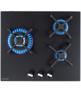 PLAQUE DE CUISSON GAZ 3 FOYERS DOUBLE COURONNE - VERRE NOIR MAT ET FONTE - 6200 WATTS - BELDEKO