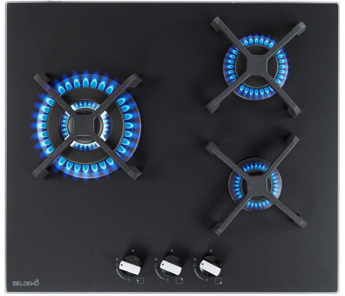 PLAQUE DE CUISSON GAZ 3 FOYERS DOUBLE COURONNE - VERRE NOIR MAT ET FONTE - 6200 WATTS - BELDEKO