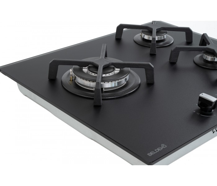 PLAQUE DE CUISSON GAZ 3 FOYERS DOUBLE COURONNE - VERRE NOIR MAT ET FONTE - 6200 WATTS - BELDEKO
