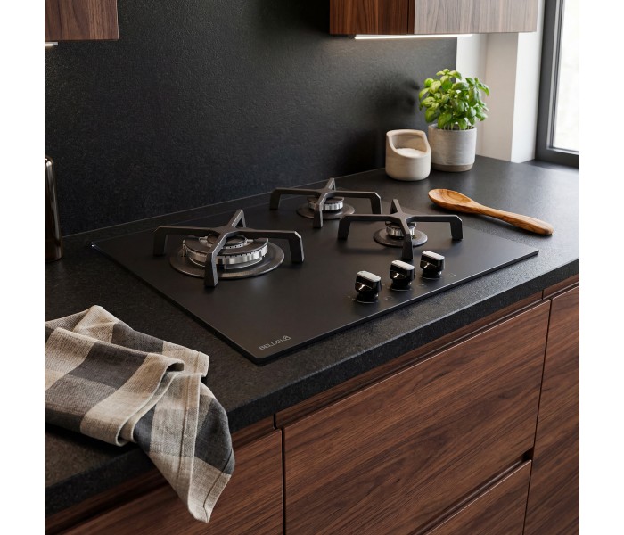 PLAQUE DE CUISSON GAZ 3 FOYERS DOUBLE COURONNE - VERRE NOIR MAT ET FONTE - 6200 WATTS - BELDEKO